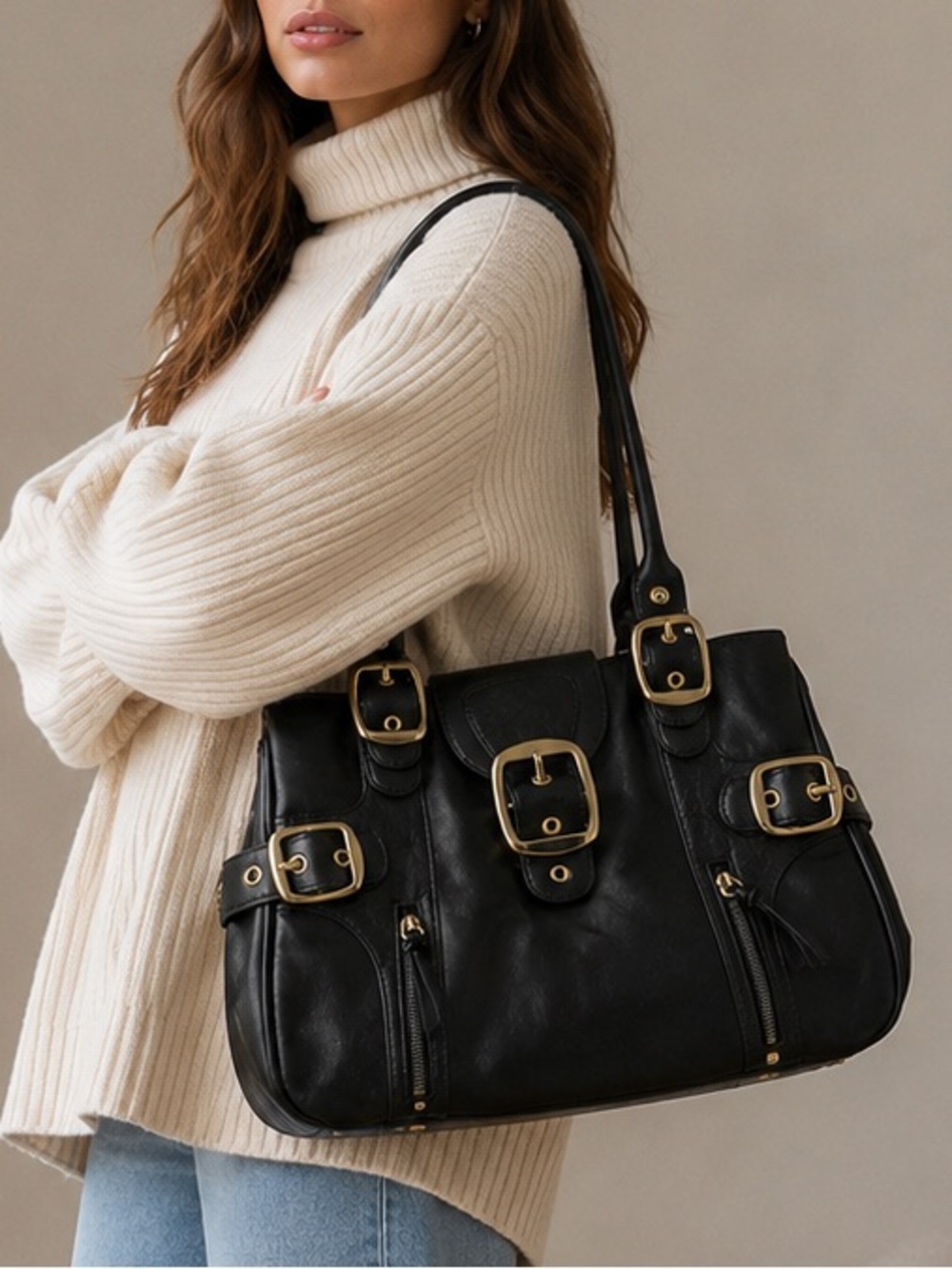 Trissino‎ Black Leather Satchel Shoulder Bag Silver Hardware